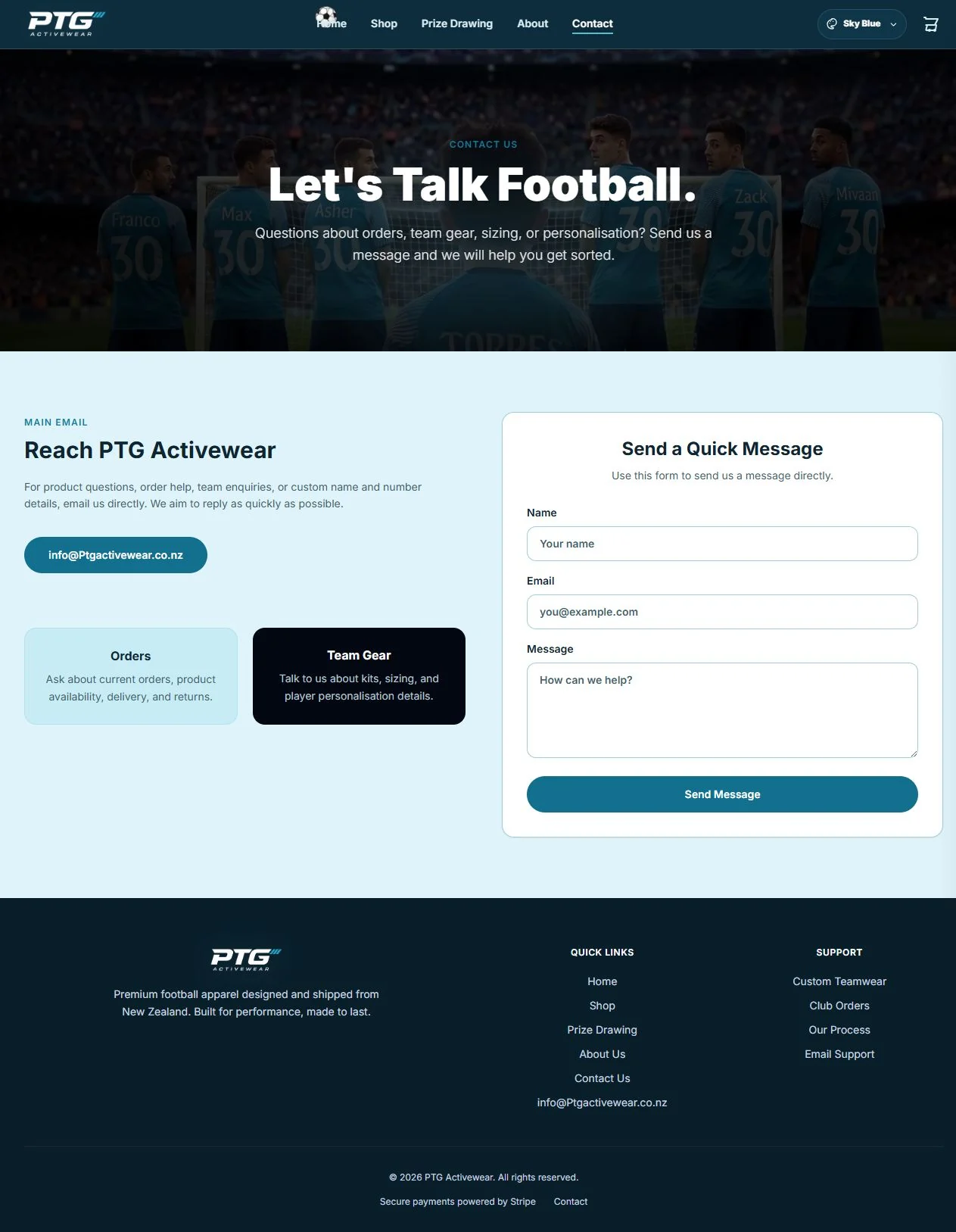 Full-page desktop preview of the PTG Active Wear contact page